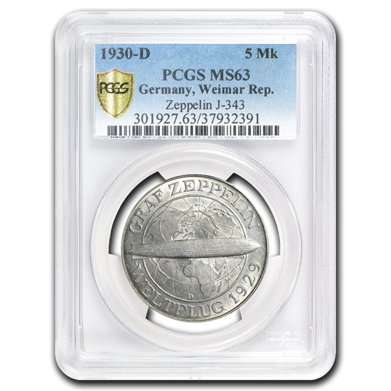 1930-D Germany Silver 5 Reichsmarks Graf Zeppelin MS-63 PCGS 1930-D Germany Silver 5 Reichsmarks Graf Zeppelin MS-63 PCGS